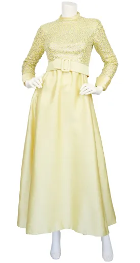 1960s Beaded Yellow Raw Silk Evening Gown
