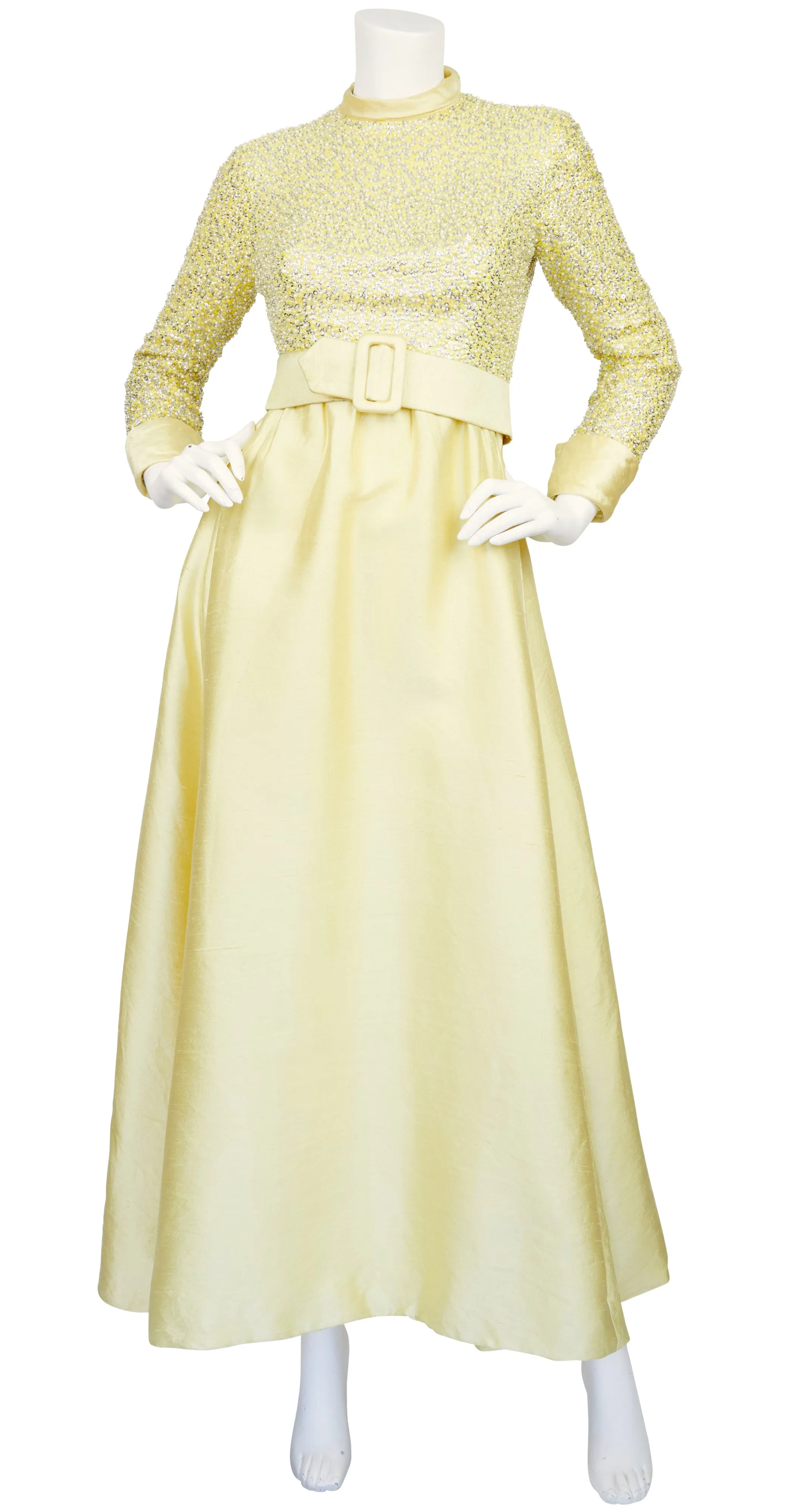 1960s Beaded Yellow Raw Silk Evening Gown