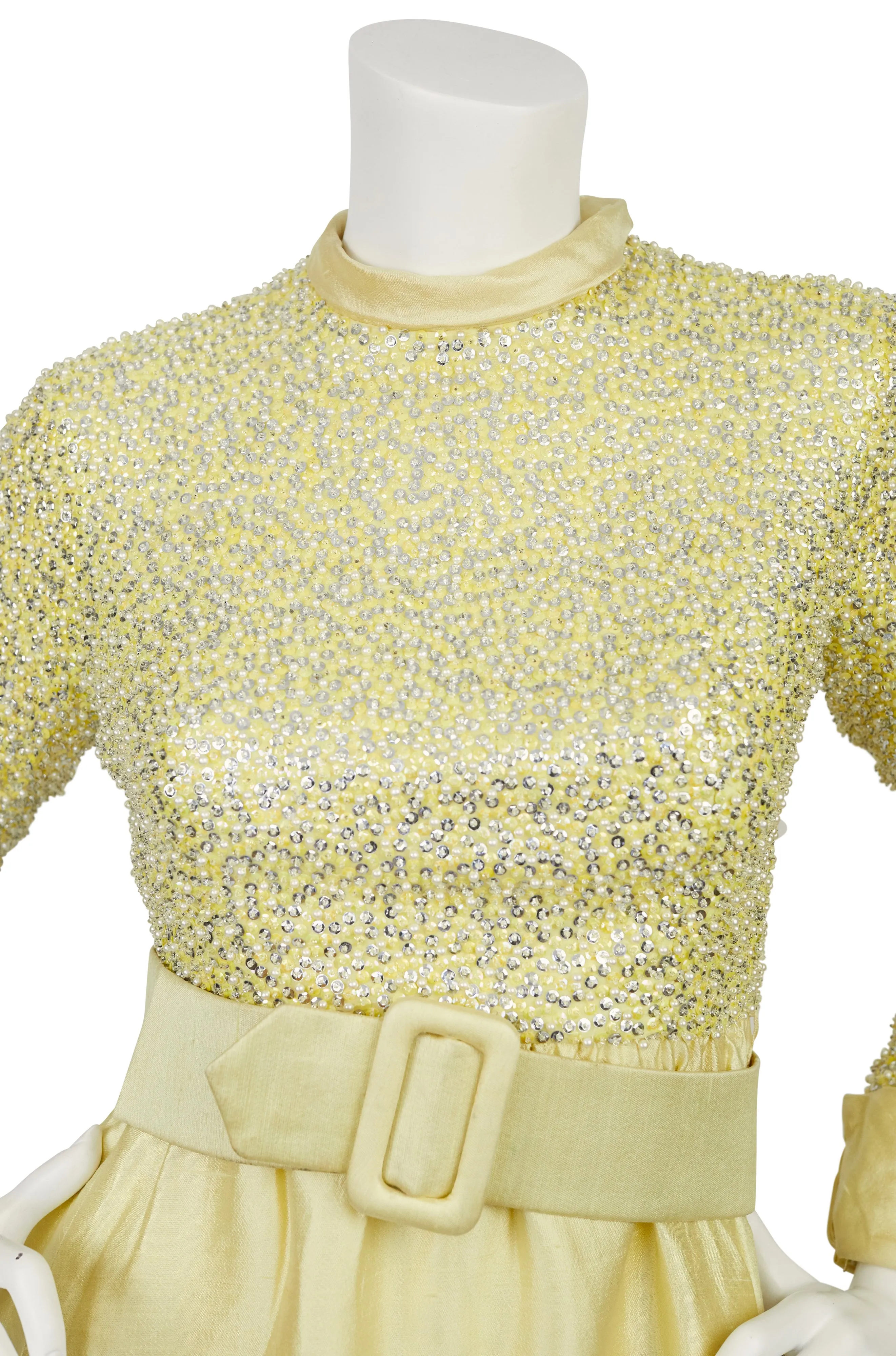 1960s Beaded Yellow Raw Silk Evening Gown