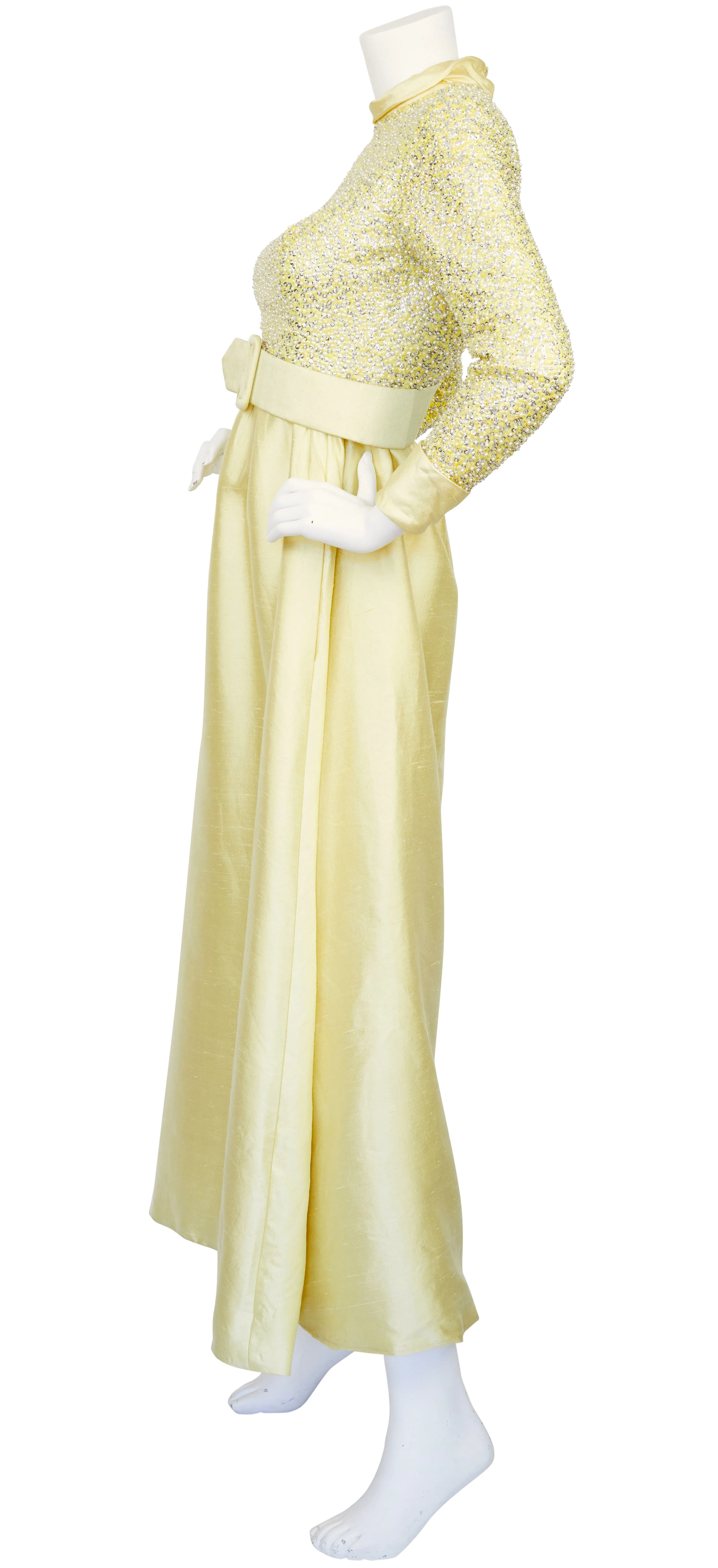 1960s Beaded Yellow Raw Silk Evening Gown