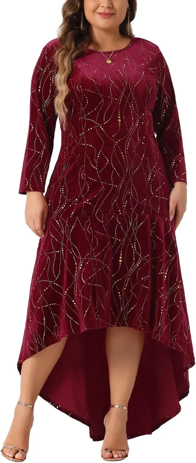 Agnes Orinda Plus Size Dresses for Women 3/4 Sleeves Mermaid High Low Hem Maxi Velvet Formal Dress