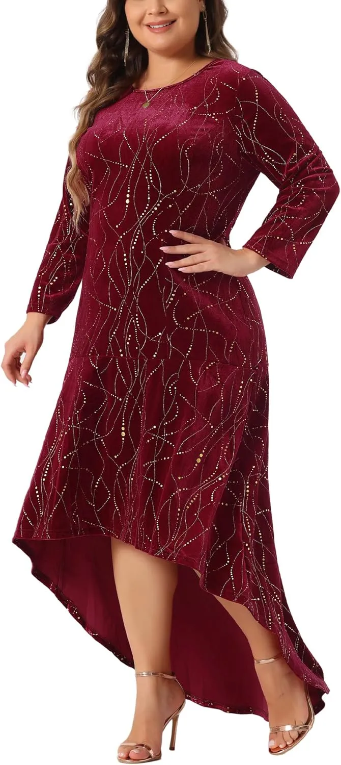 Agnes Orinda Plus Size Dresses for Women 3/4 Sleeves Mermaid High Low Hem Maxi Velvet Formal Dress