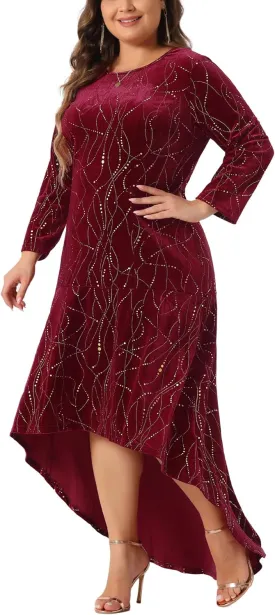 Agnes Orinda Plus Size Dresses for Women 3/4 Sleeves Mermaid High Low Hem Maxi Velvet Formal Dress