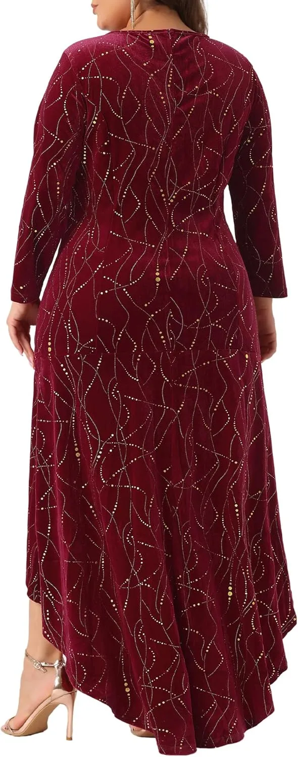 Agnes Orinda Plus Size Dresses for Women 3/4 Sleeves Mermaid High Low Hem Maxi Velvet Formal Dress
