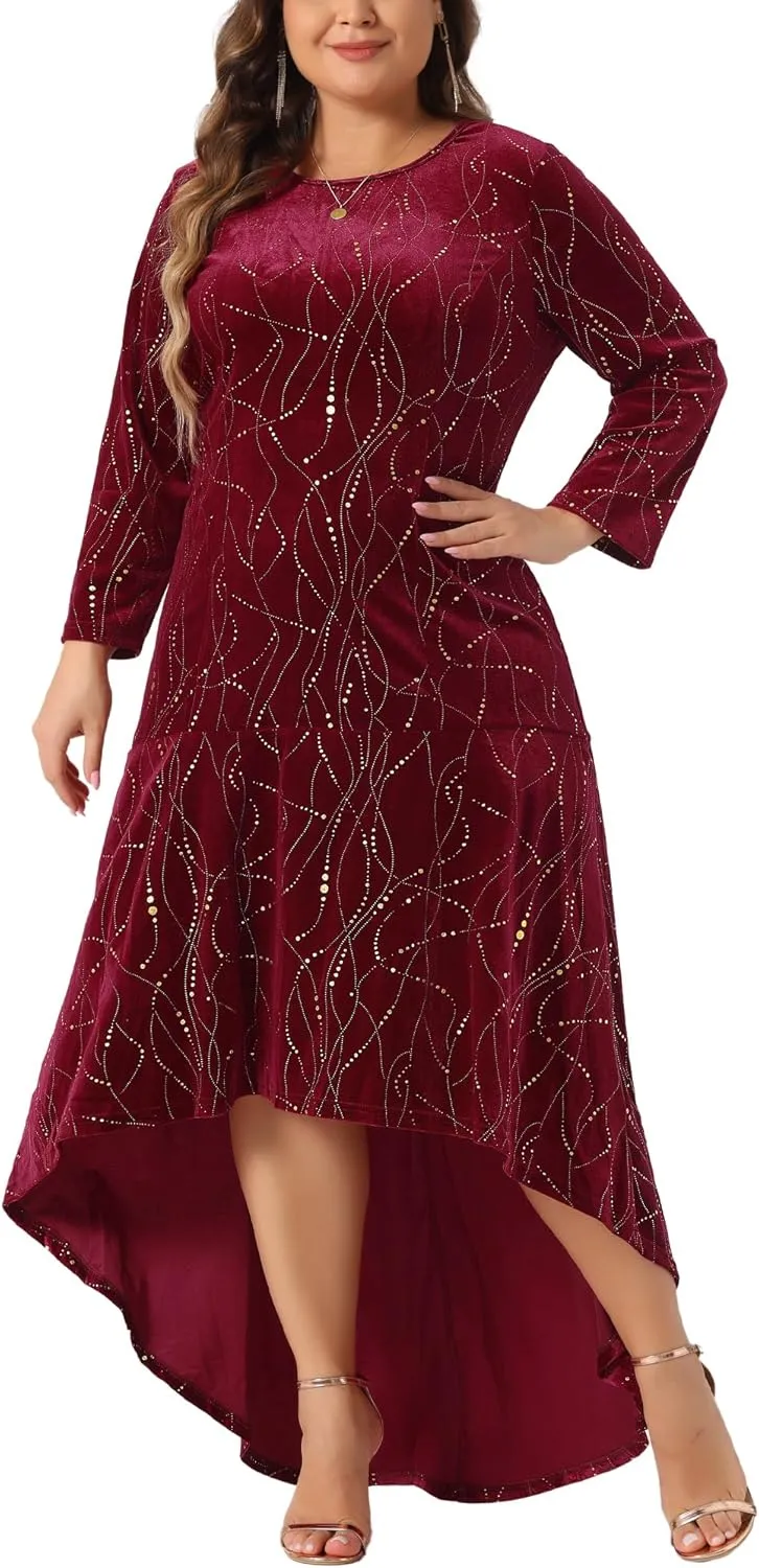 Agnes Orinda Plus Size Dresses for Women 3/4 Sleeves Mermaid High Low Hem Maxi Velvet Formal Dress