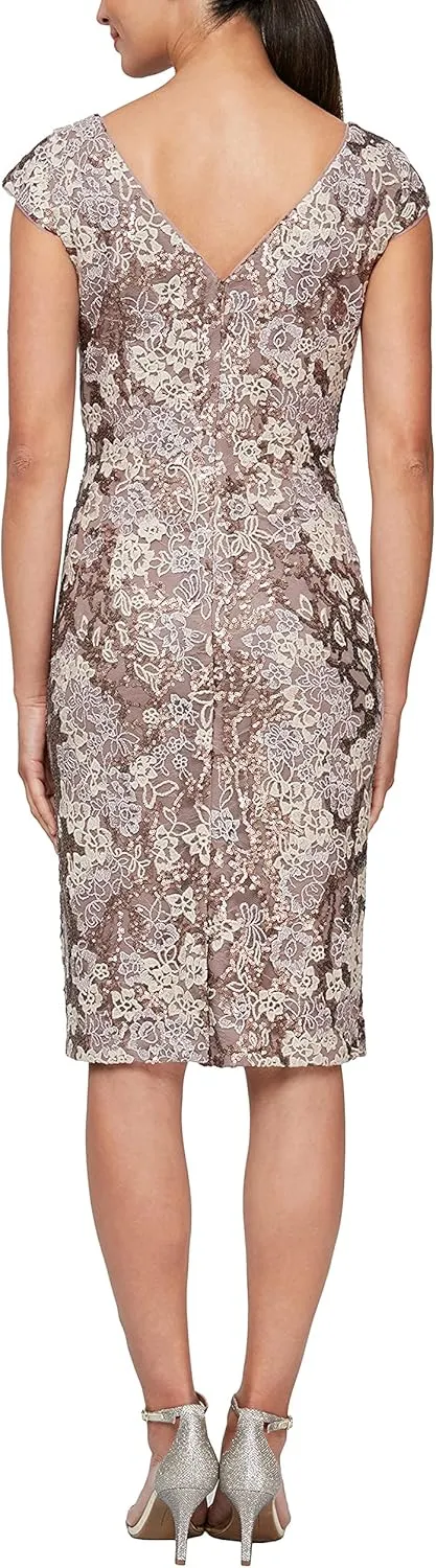 Alex Evenings Women's Short Floral Embroidered Cocktail Sheath Dress, Wedding Guest, Formal Gown (Petite and Regular Sizes)