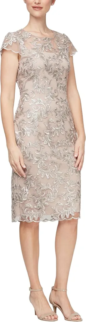 Alex Evenings Women's Short Floral Embroidered Cocktail Sheath Dress, Wedding Guest, Formal Gown (Petite and Regular Sizes)