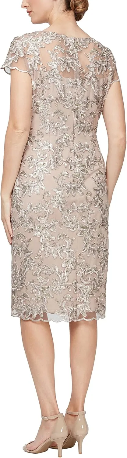 Alex Evenings Women's Short Floral Embroidered Cocktail Sheath Dress, Wedding Guest, Formal Gown (Petite and Regular Sizes)