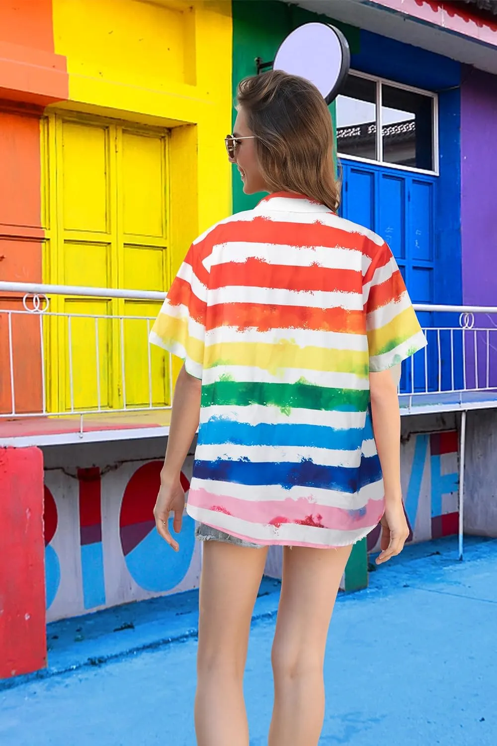 ALLTB Pride Outfits Women Rainbow Shirt: Gay Button Down Blouse LGBT Tshirt Equality Proud Ally Tee Tops Lesbian Shirts
