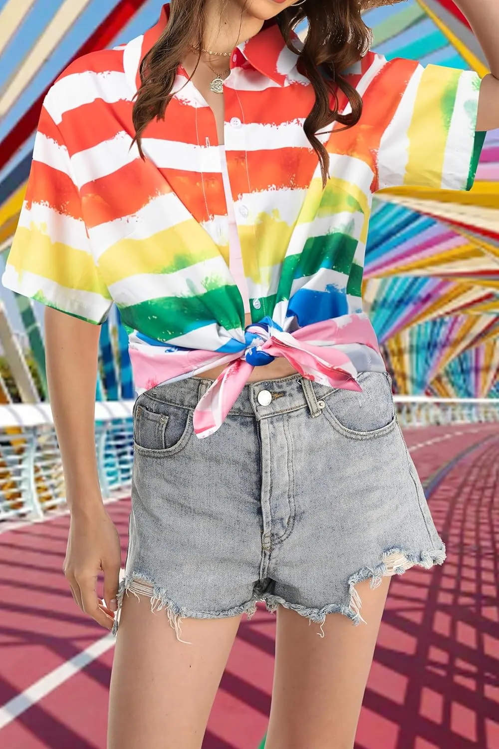 ALLTB Pride Outfits Women Rainbow Shirt: Gay Button Down Blouse LGBT Tshirt Equality Proud Ally Tee Tops Lesbian Shirts