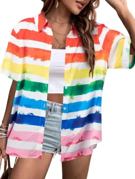 ALLTB Pride Outfits Women Rainbow Shirt: Gay Button Down Blouse LGBT Tshirt Equality Proud Ally Tee Tops Lesbian Shirts