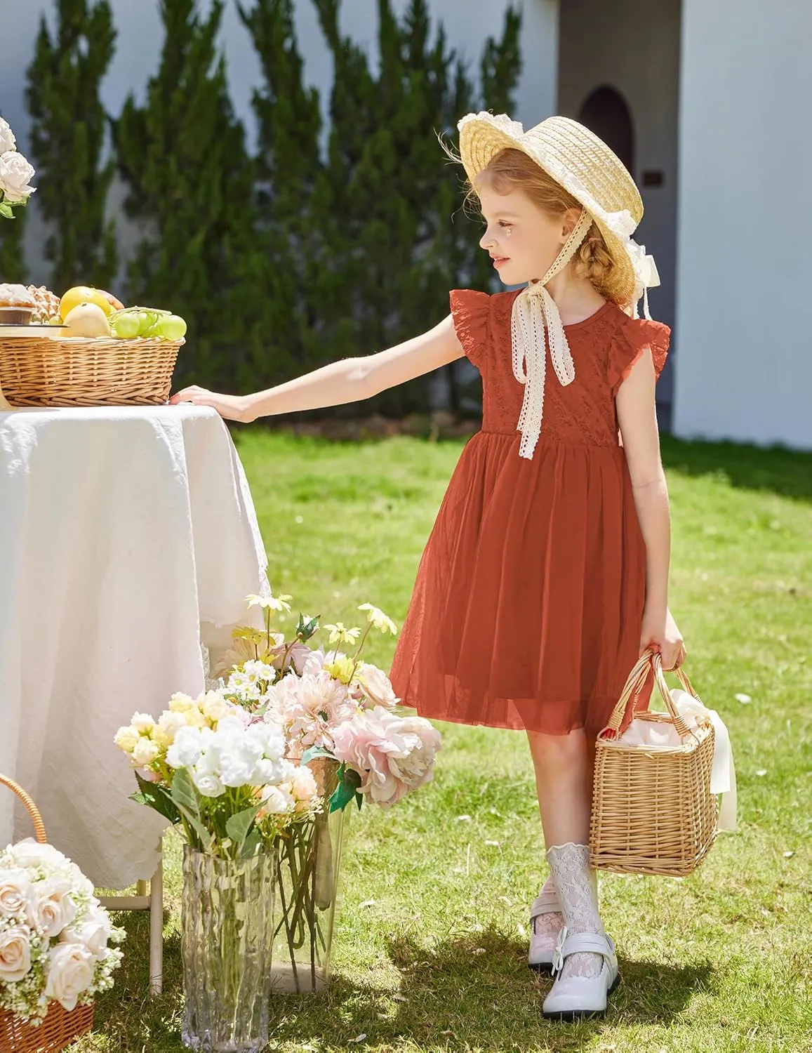 Arshiner Toddler Lace Tutu Dresses Ruffle Sleeve 3 Layers Tulle Flower Wedding Birthday Summer Little Girls Dress