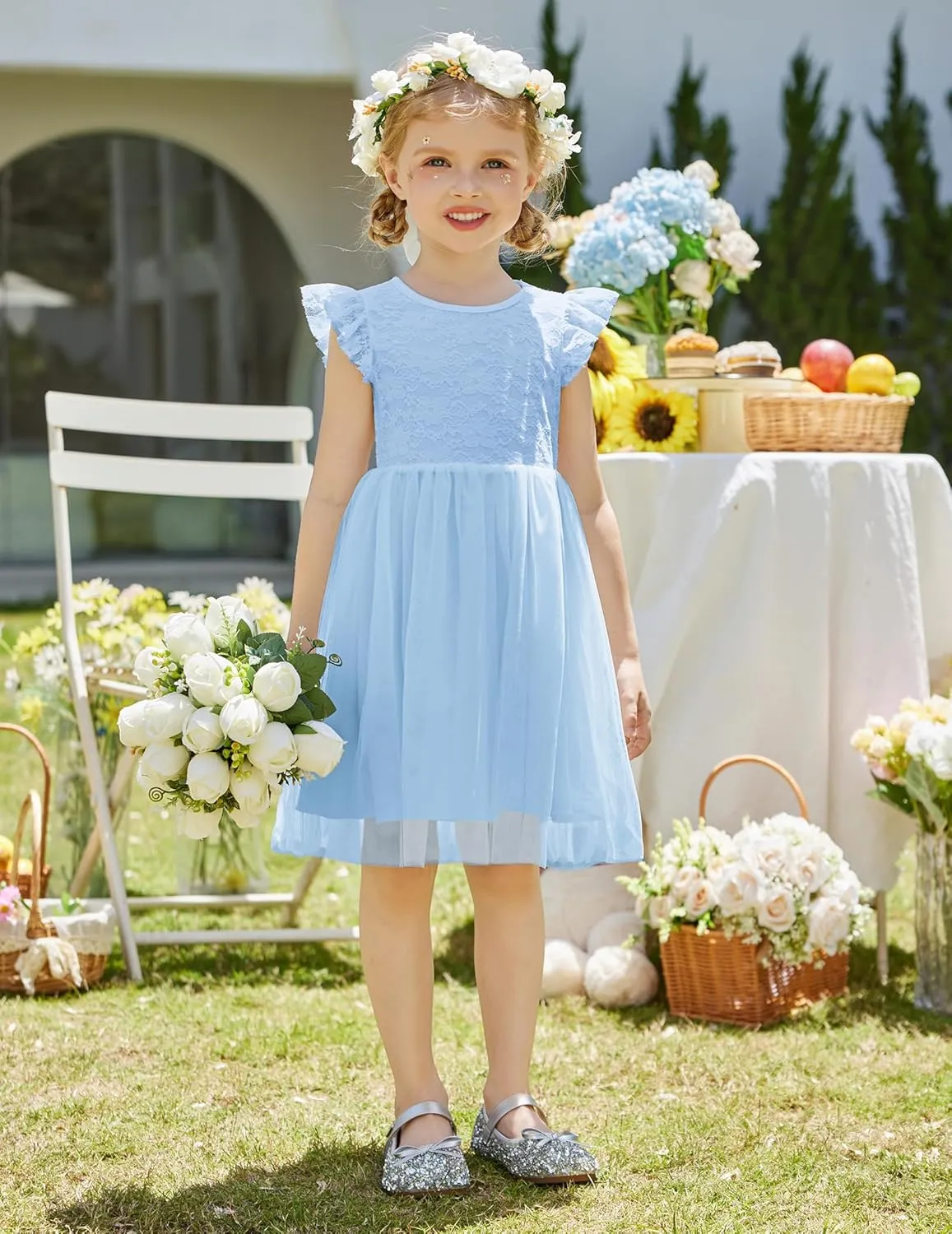 Arshiner Toddler Lace Tutu Dresses Ruffle Sleeve 3 Layers Tulle Flower Wedding Birthday Summer Little Girls Dress