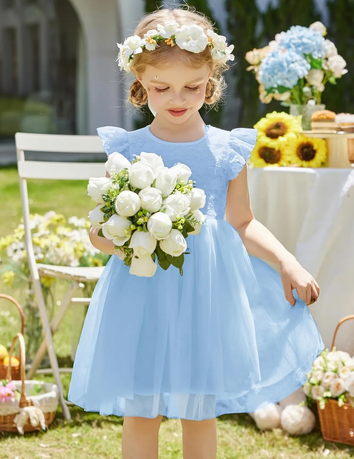 Arshiner Toddler Lace Tutu Dresses Ruffle Sleeve 3 Layers Tulle Flower Wedding Birthday Summer Little Girls Dress