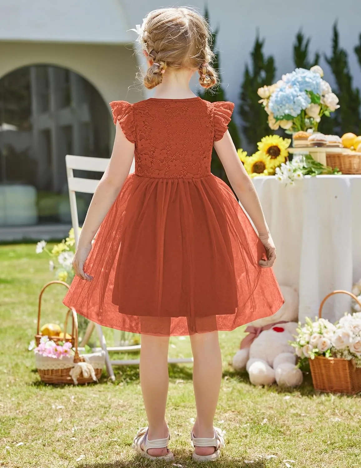 Arshiner Toddler Lace Tutu Dresses Ruffle Sleeve 3 Layers Tulle Flower Wedding Birthday Summer Little Girls Dress