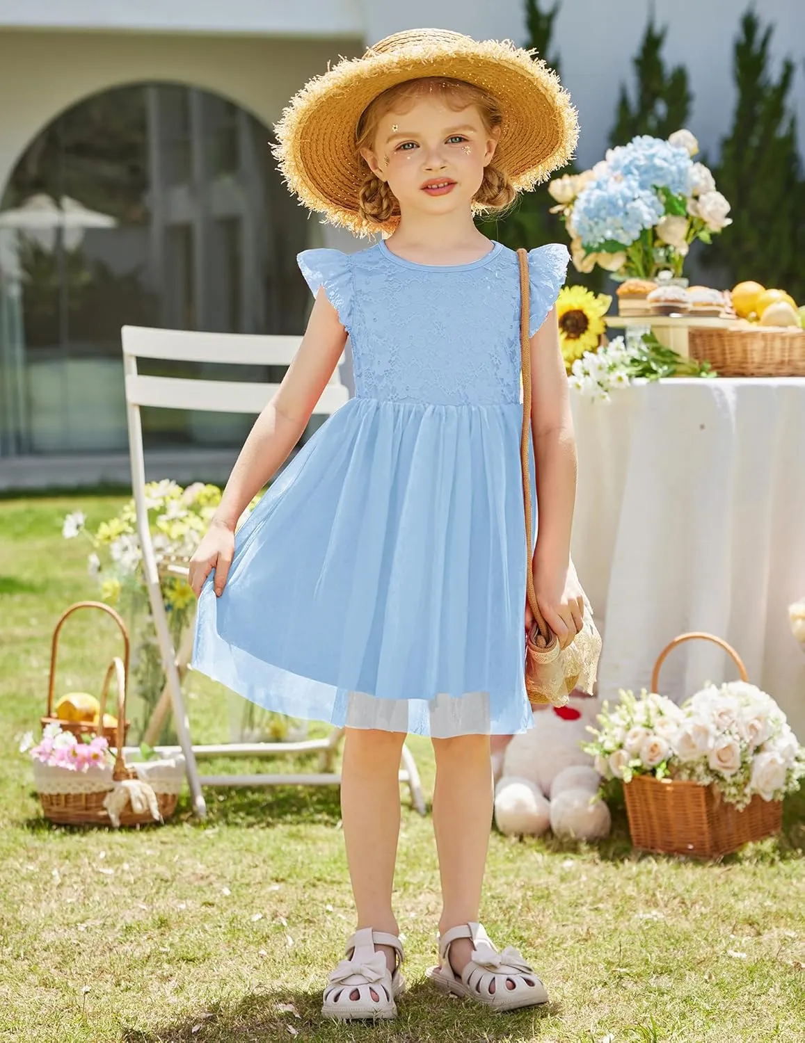 Arshiner Toddler Lace Tutu Dresses Ruffle Sleeve 3 Layers Tulle Flower Wedding Birthday Summer Little Girls Dress
