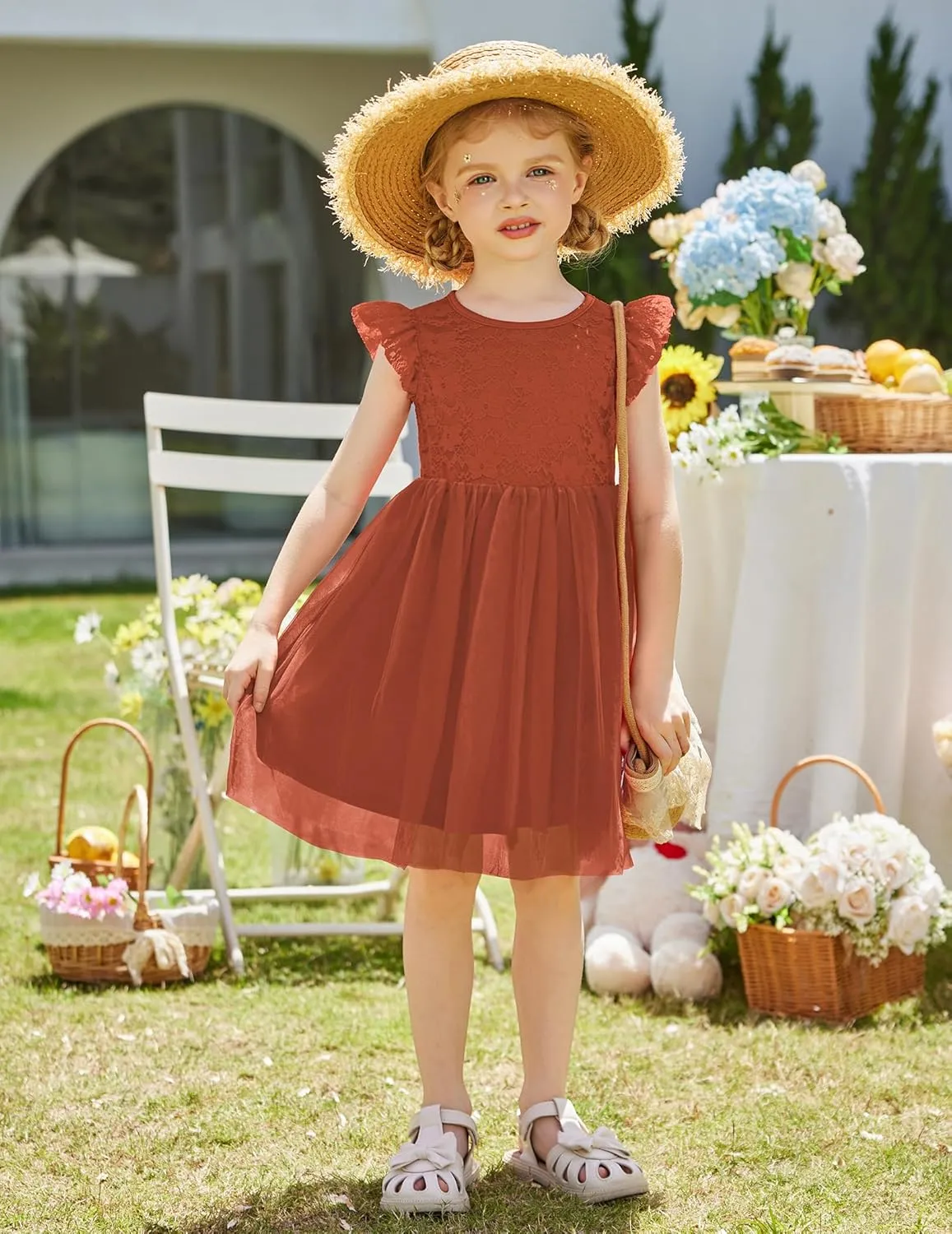 Arshiner Toddler Lace Tutu Dresses Ruffle Sleeve 3 Layers Tulle Flower Wedding Birthday Summer Little Girls Dress