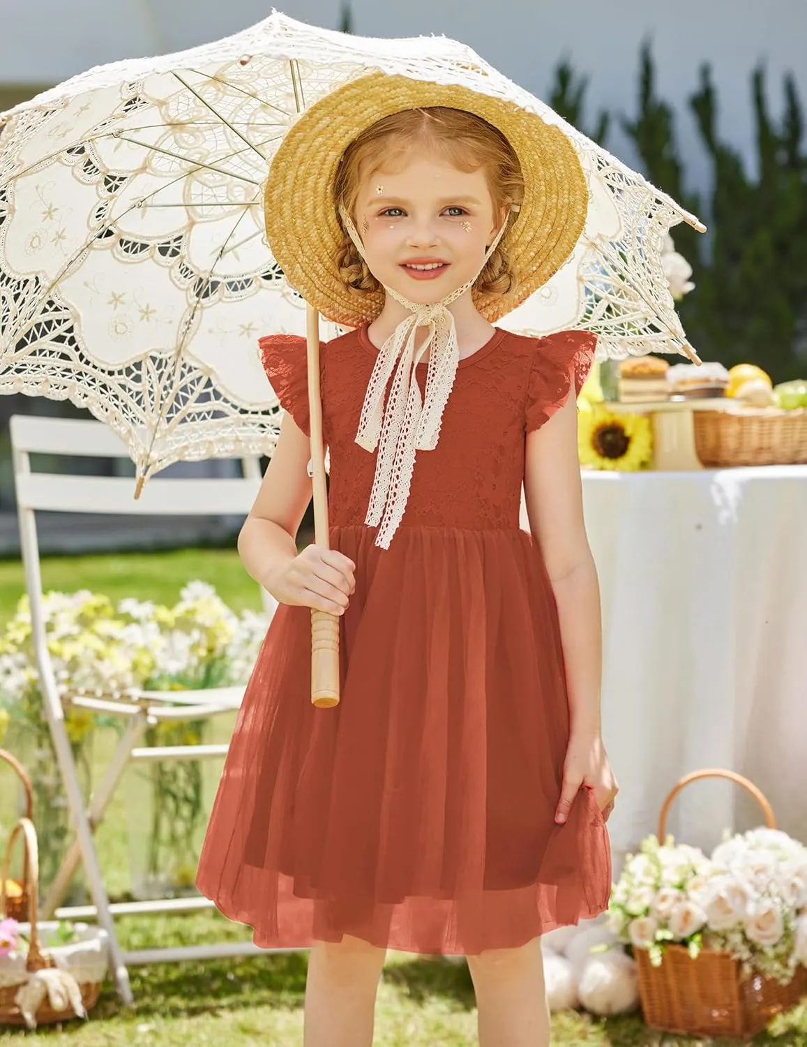 Arshiner Toddler Lace Tutu Dresses Ruffle Sleeve 3 Layers Tulle Flower Wedding Birthday Summer Little Girls Dress