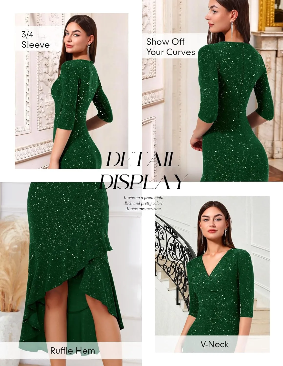 BeryLove Women Formal Wedding Guest Cocktail Sequin Glitter Dress 3/4 Sleeve Midi Evening Gown Prom Party Ruffle Hi Low Dress
