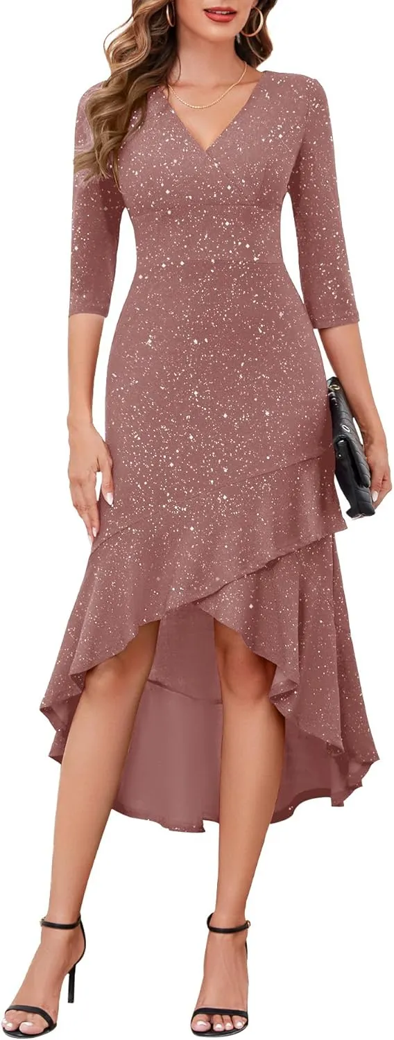 BeryLove Women Formal Wedding Guest Cocktail Sequin Glitter Dress 3/4 Sleeve Midi Evening Gown Prom Party Ruffle Hi Low Dress