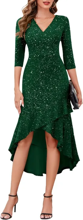 BeryLove Women Formal Wedding Guest Cocktail Sequin Glitter Dress 3/4 Sleeve Midi Evening Gown Prom Party Ruffle Hi Low Dress