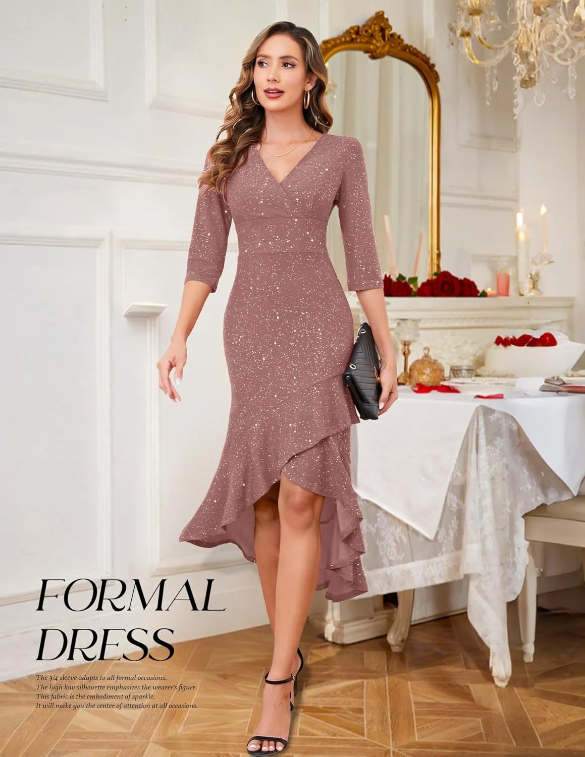 BeryLove Women Formal Wedding Guest Cocktail Sequin Glitter Dress 3/4 Sleeve Midi Evening Gown Prom Party Ruffle Hi Low Dress