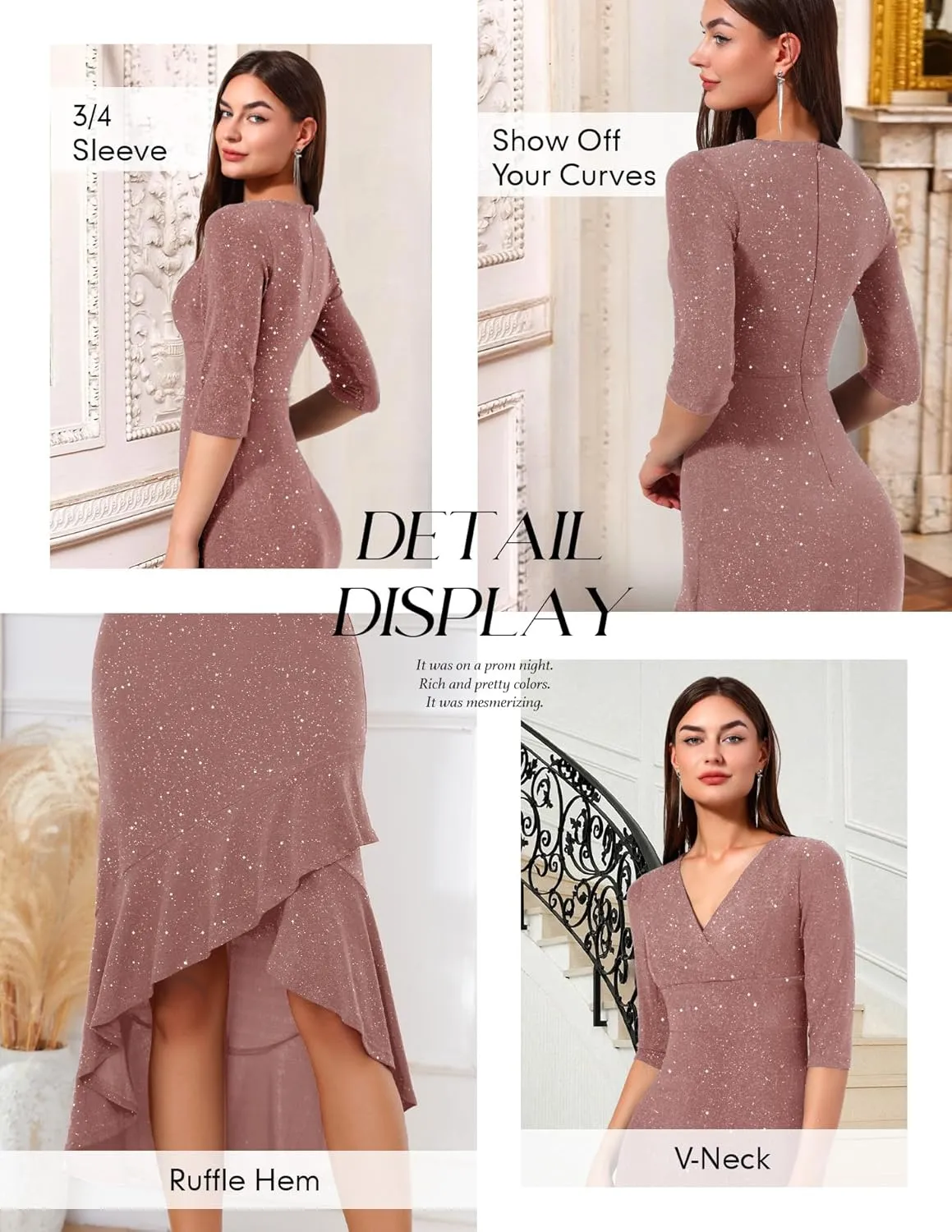 BeryLove Women Formal Wedding Guest Cocktail Sequin Glitter Dress 3/4 Sleeve Midi Evening Gown Prom Party Ruffle Hi Low Dress