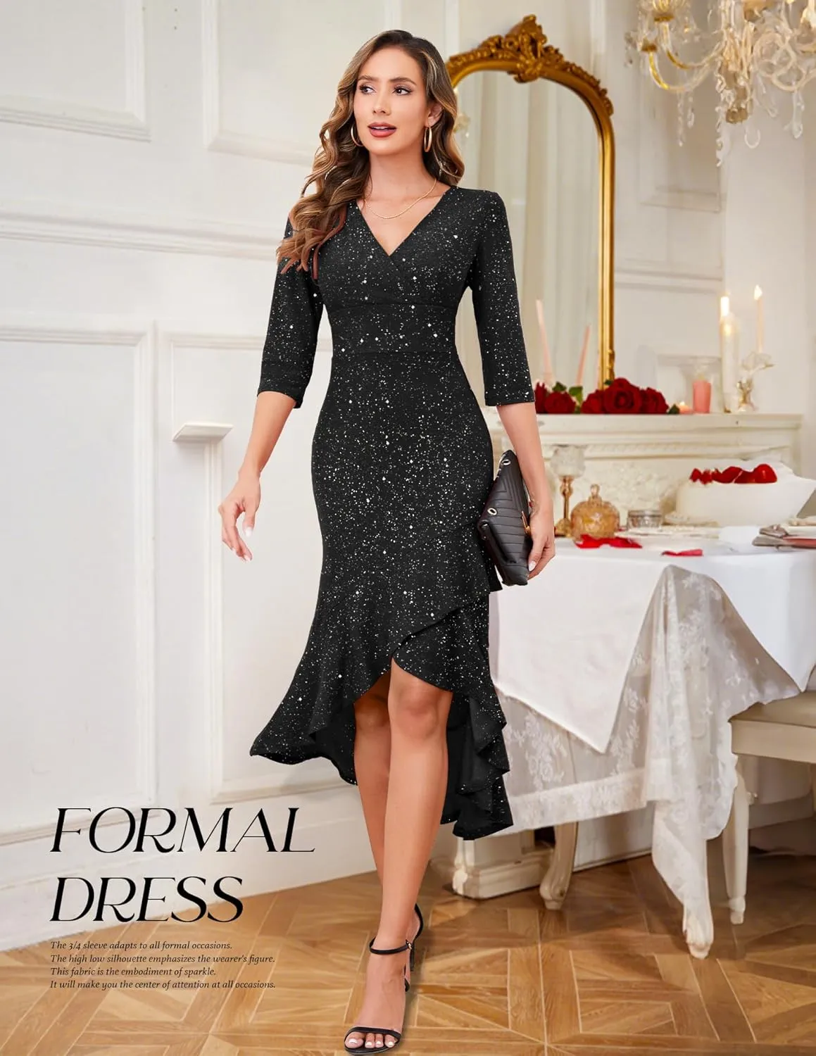 BeryLove Women Formal Wedding Guest Cocktail Sequin Glitter Dress 3/4 Sleeve Midi Evening Gown Prom Party Ruffle Hi Low Dress