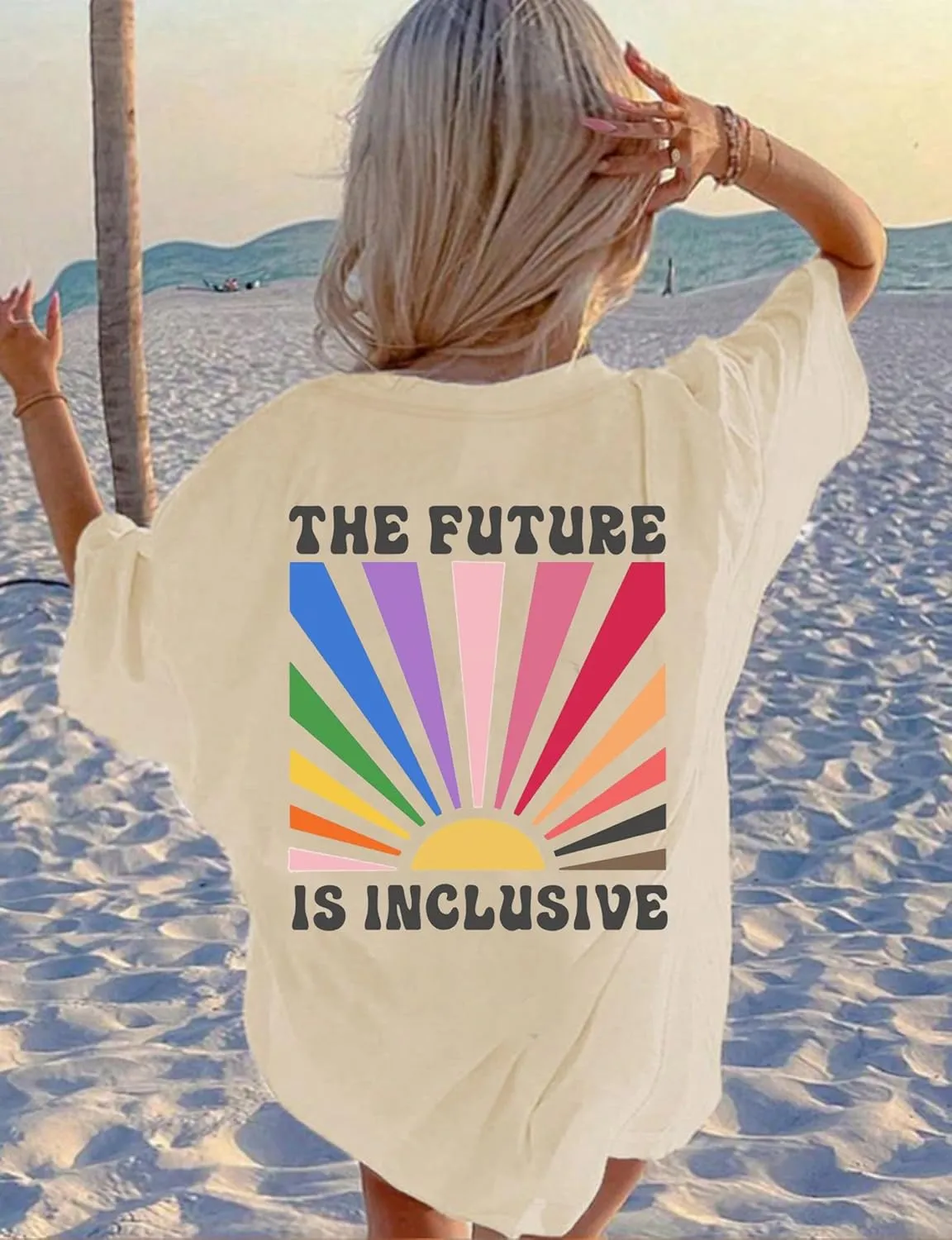 BOMYTAO Be You The Future is Inclusive Print Shirt for Women Oversized Pride Rainbow T-Shirt LGBTQ Social Justice Tee Top