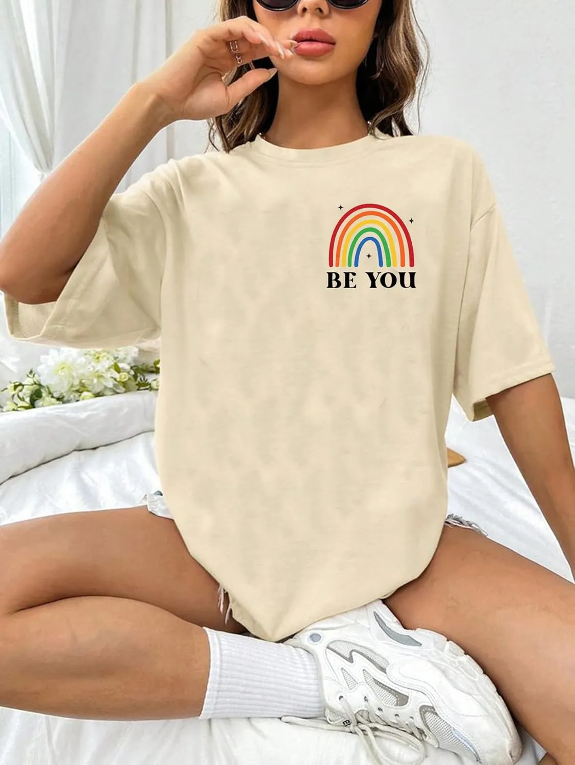 BOMYTAO Be You The Future is Inclusive Print Shirt for Women Oversized Pride Rainbow T-Shirt LGBTQ Social Justice Tee Top