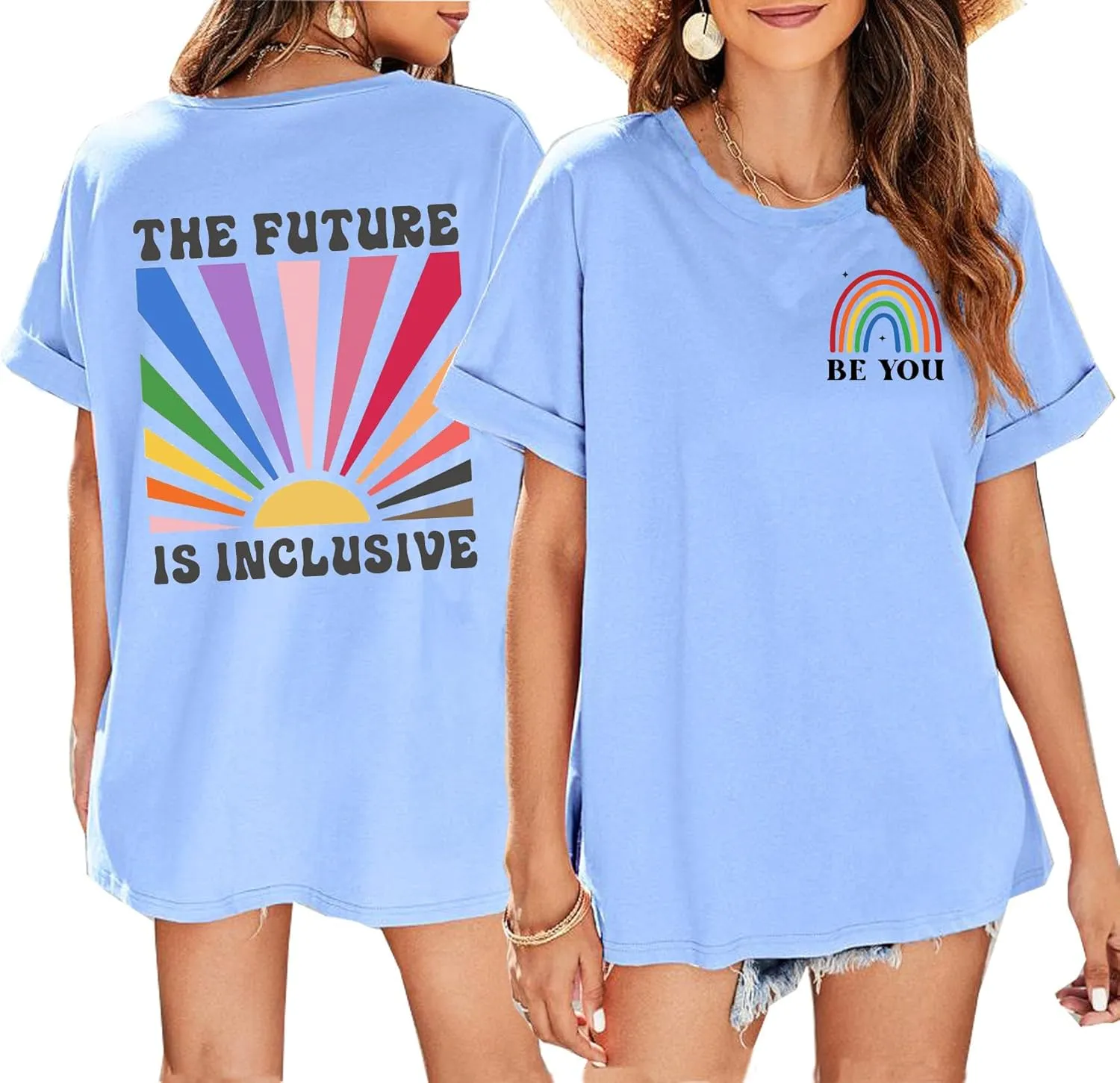 BOMYTAO Be You The Future is Inclusive Print Shirt for Women Oversized Pride Rainbow T-Shirt LGBTQ Social Justice Tee Top