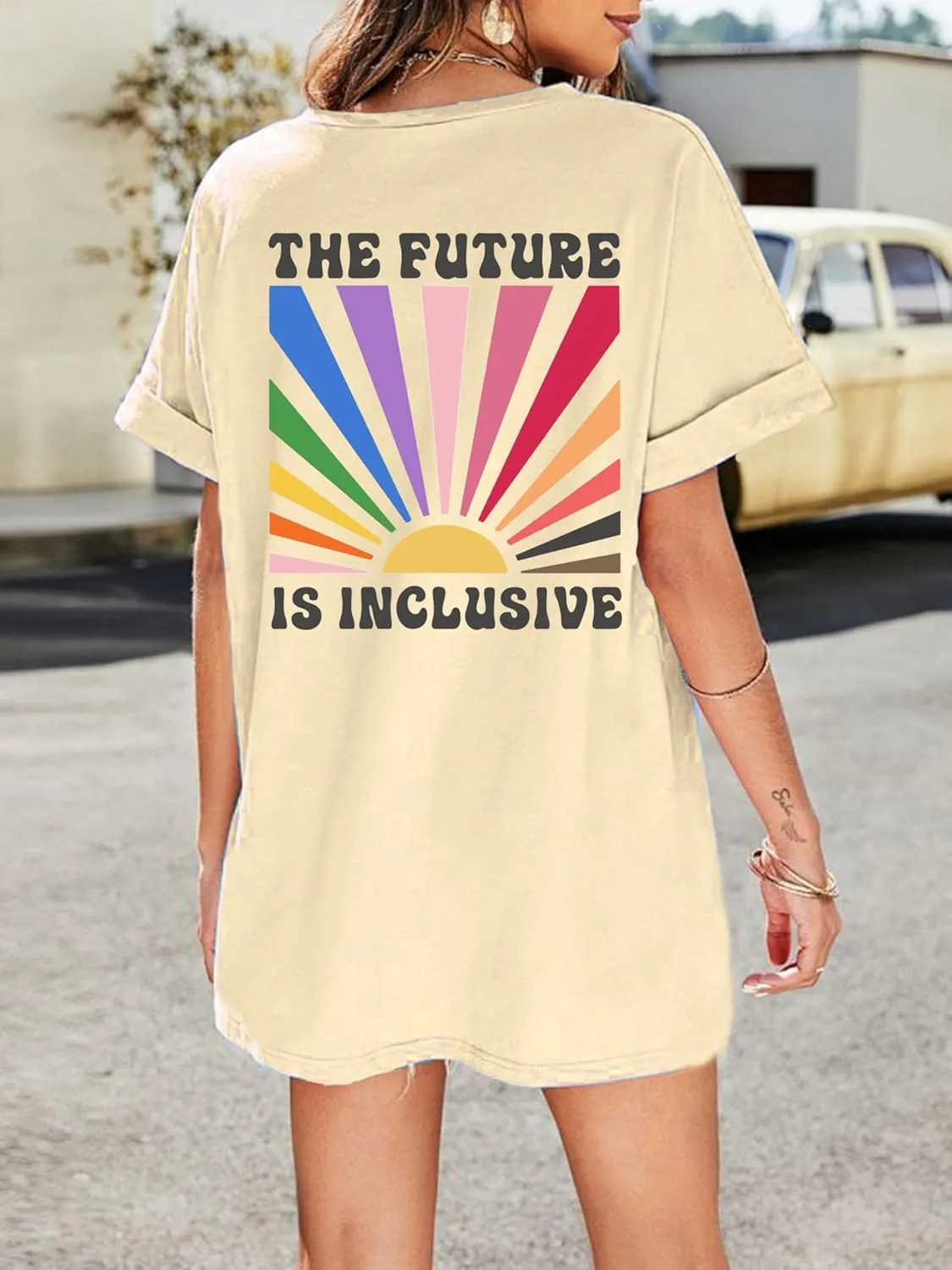 BOMYTAO Be You The Future is Inclusive Print Shirt for Women Oversized Pride Rainbow T-Shirt LGBTQ Social Justice Tee Top