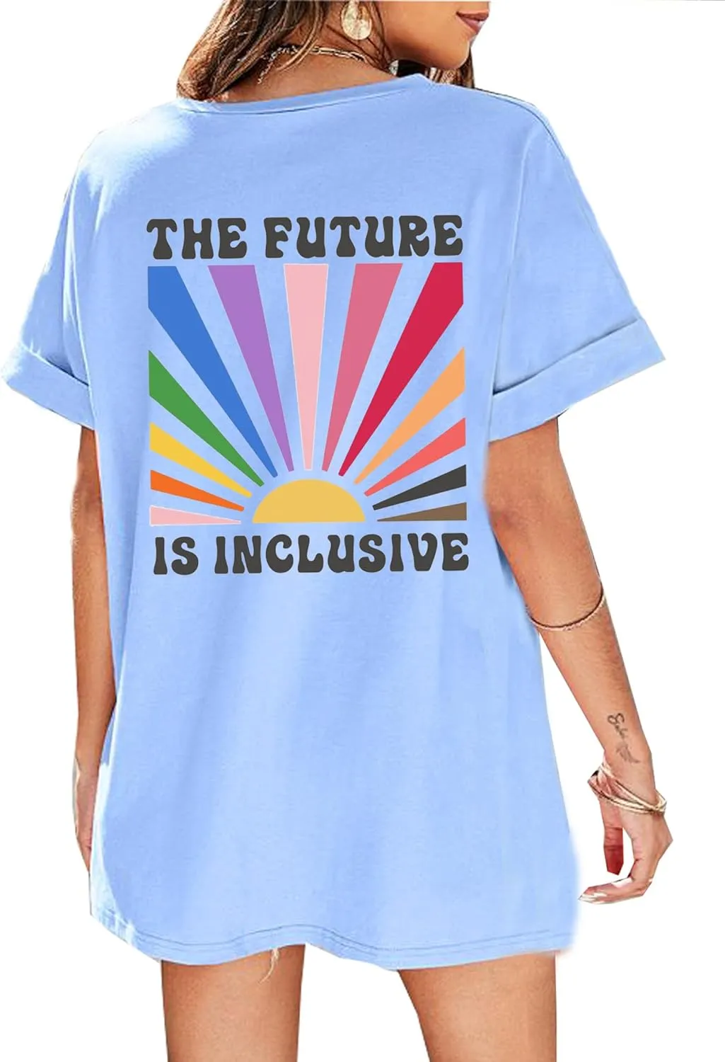 BOMYTAO Be You The Future is Inclusive Print Shirt for Women Oversized Pride Rainbow T-Shirt LGBTQ Social Justice Tee Top