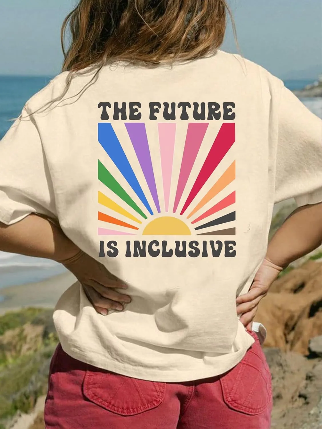 BOMYTAO Be You The Future is Inclusive Print Shirt for Women Oversized Pride Rainbow T-Shirt LGBTQ Social Justice Tee Top