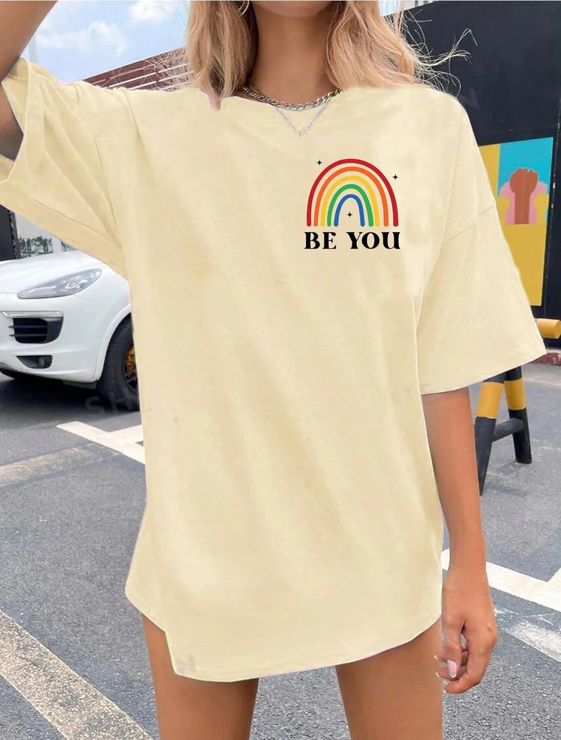 BOMYTAO Be You The Future is Inclusive Print Shirt for Women Oversized Pride Rainbow T-Shirt LGBTQ Social Justice Tee Top
