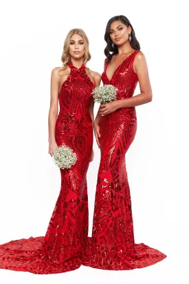 Bridesmaids Crown Sequin Gown - Red