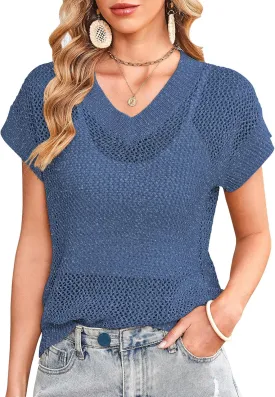 Cakulo Summer Crochet Tops for Women 2025 Short Sleeve V Neck Hollow Out Knit Beach Cover Up Casual Sweater Top