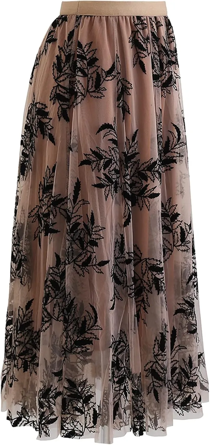 CHICWISH Women's Caramel 3D Leaf Double-Layered Mesh Tulle Midi Skirt