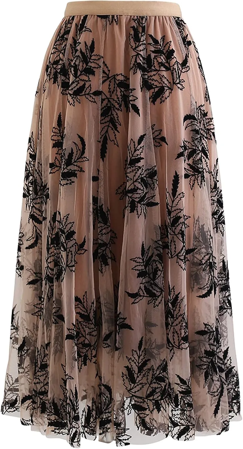 CHICWISH Women's Caramel 3D Leaf Double-Layered Mesh Tulle Midi Skirt