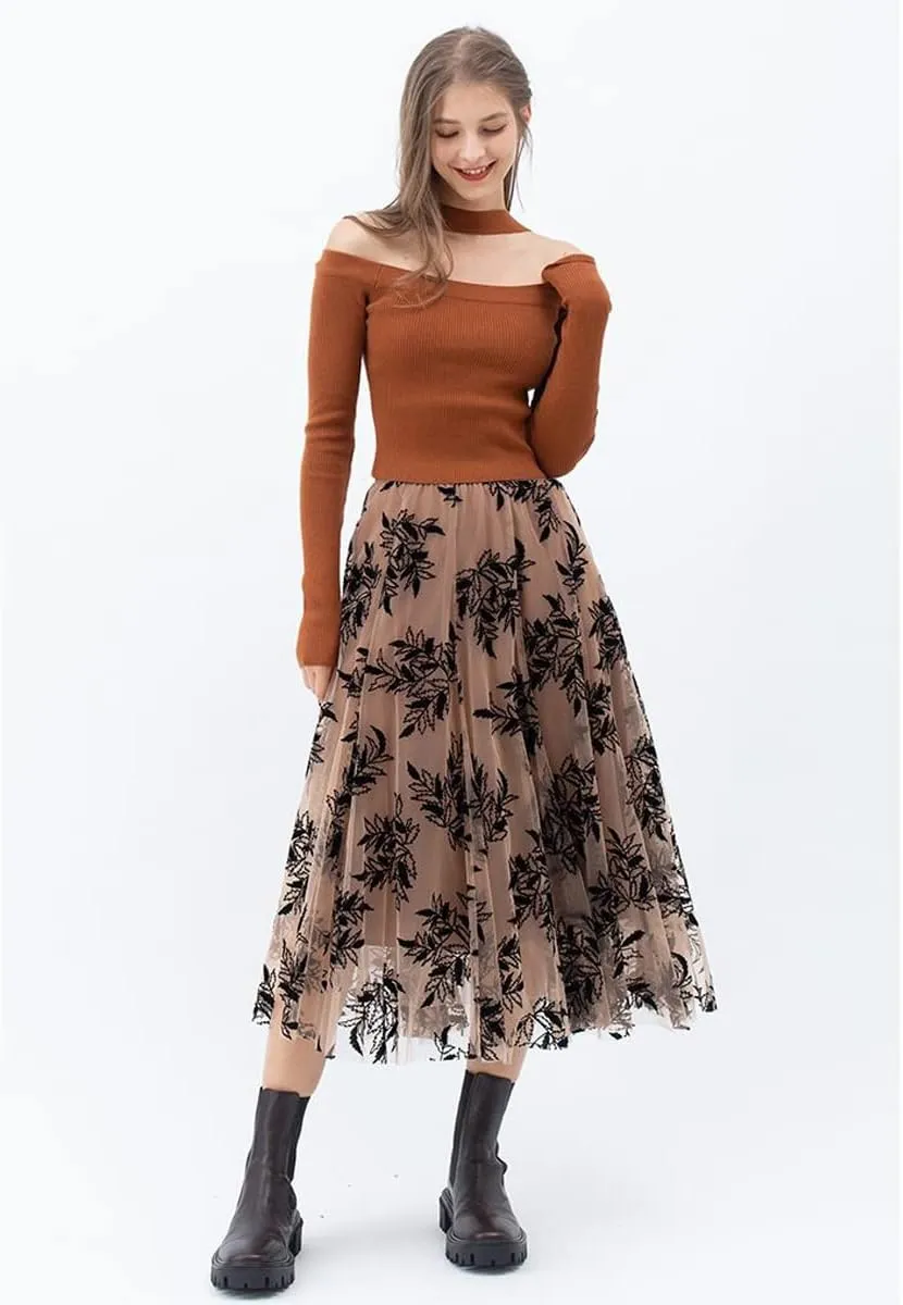 CHICWISH Women's Caramel 3D Leaf Double-Layered Mesh Tulle Midi Skirt