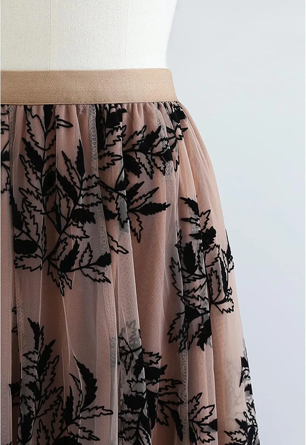 CHICWISH Women's Caramel 3D Leaf Double-Layered Mesh Tulle Midi Skirt
