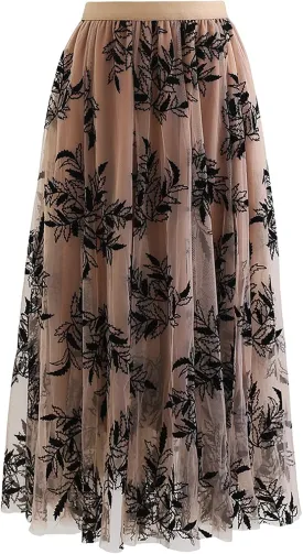 CHICWISH Women's Caramel 3D Leaf Double-Layered Mesh Tulle Midi Skirt