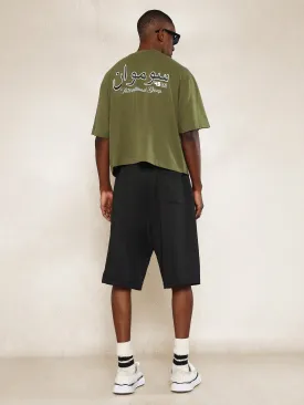 Crop Fit Tee With Arabic Graphic Print  And Pleated Jort 2 Piece Set