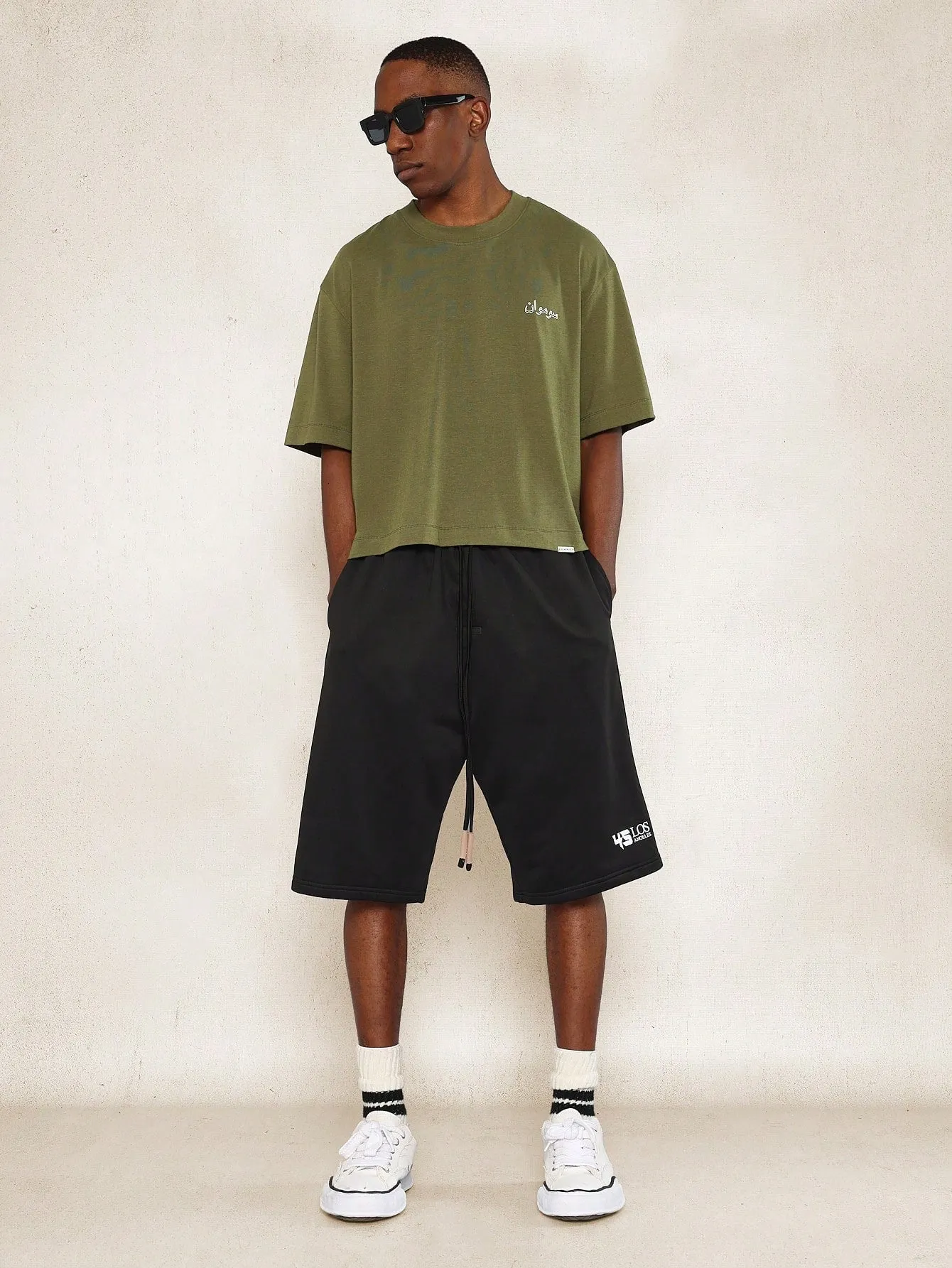 Crop Fit Tee With Arabic Graphic Print  And Pleated Jort 2 Piece Set