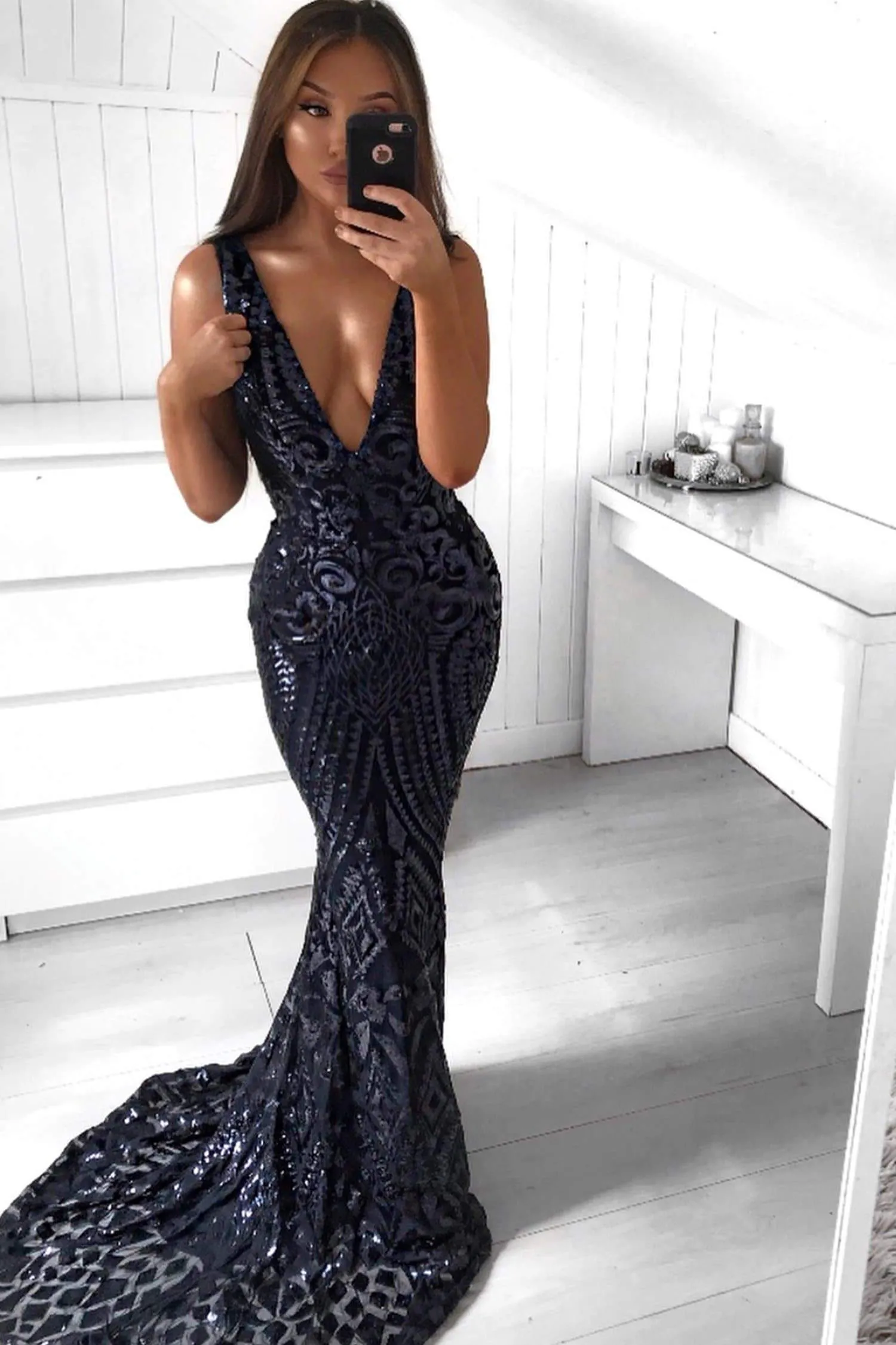 Crown Sequin Gown - Navy
