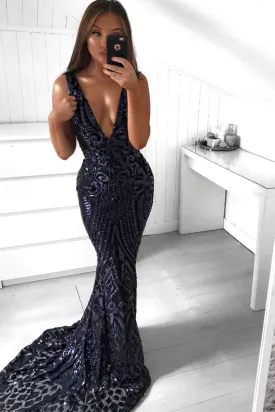 Crown Sequin Gown - Navy