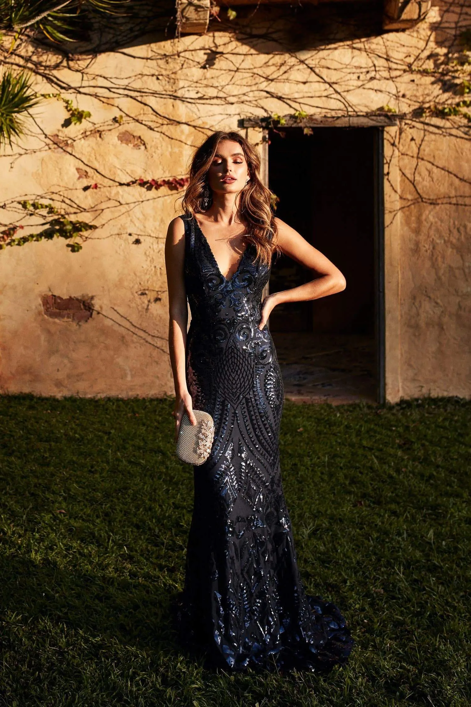 Crown Sequin Gown - Navy