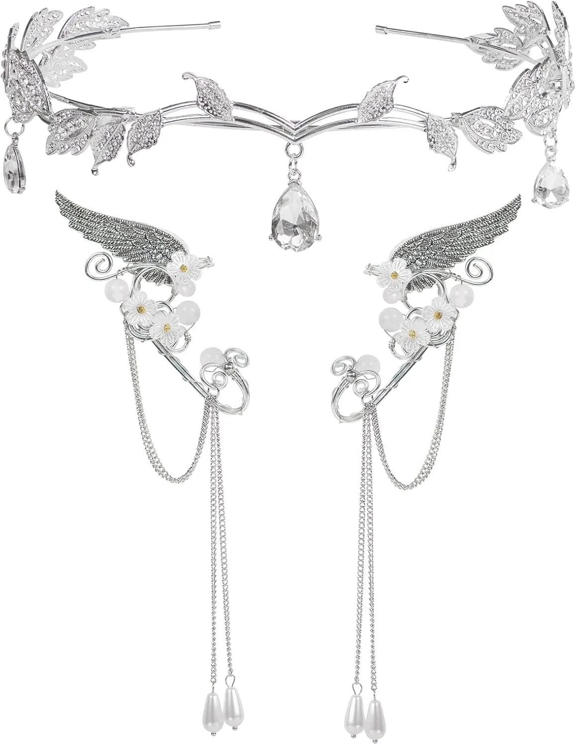 Elf Ears and Crown Fairy Ear Cuffs Headpiece Reneaissance Elven Tiara Jewelry Set