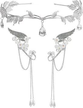 Elf Ears and Crown Fairy Ear Cuffs Headpiece Reneaissance Elven Tiara Jewelry Set