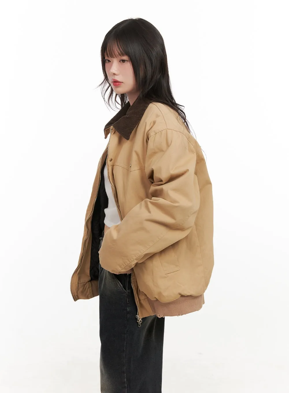 Fringe-Trim Collared Bomber Jacket CJ501